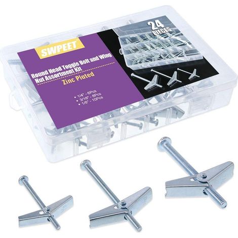 Assortiment de 24 boulons à bascule et écrous papillon pour accrocher des articles lourds sur cloison sèche – 0,6 cm, 0,9 cm, 1,4 cm (1/5)
