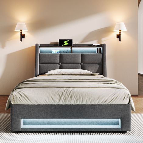 Cama tapizada vintage moderna 90x200 cm gris, tela efecto lino, con cabecero, LED, USB y arcón elevable (1/5)