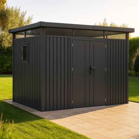 Trigano – Abri de jardin métal 7.45m² gris anthracite – Toit plat moderne – Structure renforcée en acier galvanisé – Résistance à la neige 100kg/m²
