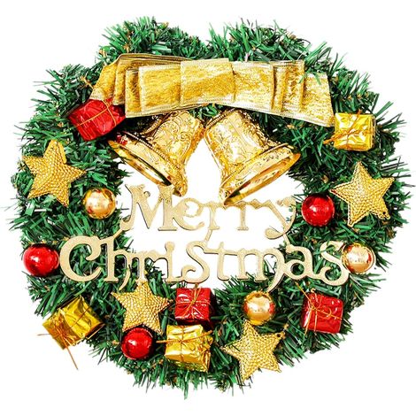 Artificial spruce Christmas wreath with colored baubles and metal hanger, X-max front door wreath (gold bell) (1/5)