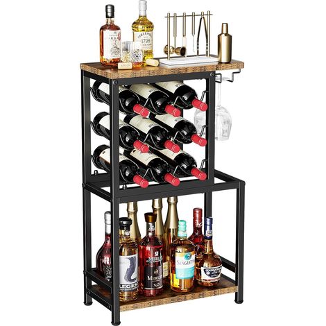 Meuble bar autoportant bois & métal – Casier à vin 9 bouteilles