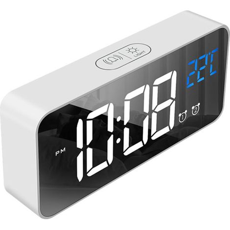 Multifunktionaler LED-Wecker mit Spiegeloberfläche, geräuschloser Betrieb, für Büro oder Zuhause, weißes ABS