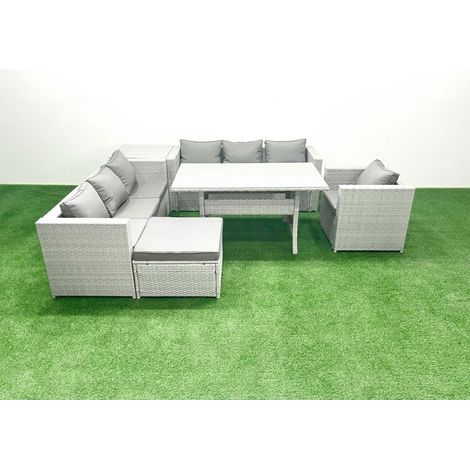 Fimous 6 Stücke Rattan Garten Sofa Set mit Kissen Terrassen Gartenmöbel Sets mit Sessel Esstisch Beistelltisch Großer Fußhocker (1/5)