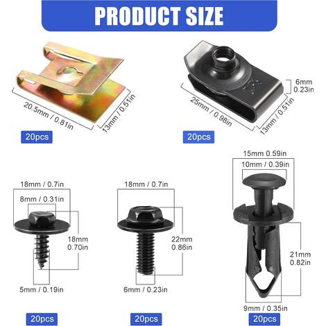 100 piezas de tornillos y pernos para automóviles, tornillos para bajos, tornillos para guardabarros, clips de plástico, remaches - Kit universal de tuercas en U, pernos para guardabarros (1/4)