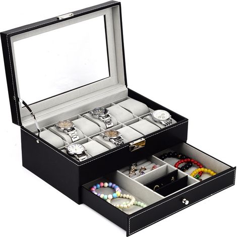 Scatola porta orologi a 2 livelli, 12 scomparti con cuscinetti per orologi, 2° scomparto per piccoli accessori per gioielli, con coperchio in vetro - Nero (1/5)
