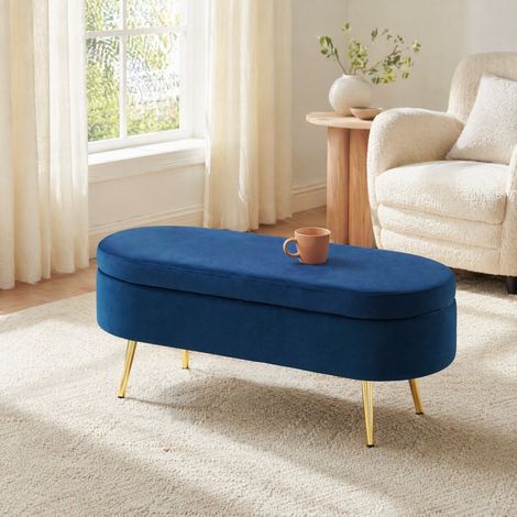 Panca contenitore in velluto blu scuro 110 x 40 x 42 cm, vano 20 L e gambe in metallo DESVIAE (1/5)