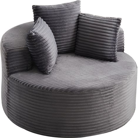Fauteuil rond 1 place en velours côtelé gris, lounge avec 3 coussins, accoudoirs larges et base antidérapante pour salon ou chambre CHICFURN (1/5)