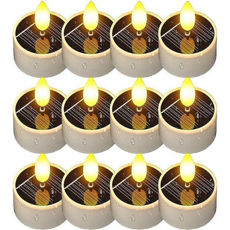 Bougies solaires chauffe-plat d'extérieur étanches, lot de 12 petites bougies de 3,8 x 5,3 cm, s'allumant automatiquement la nuit, pour terrasse et jardin. (1/5)