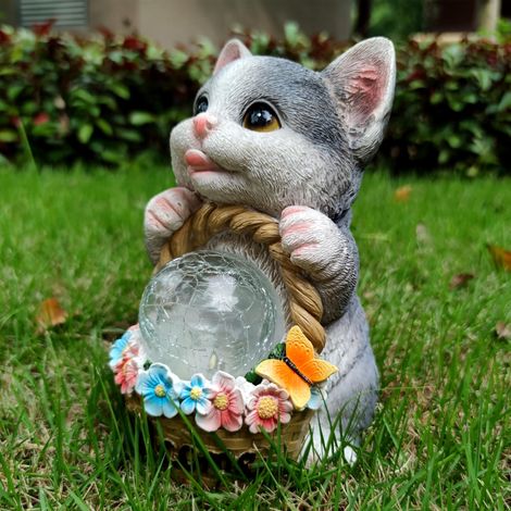 Statues de jardin solaires en forme de chat, figurine en résine avec panier de fleurs et boule magique, lampes LED solaires, décoration de pelouse (1/5)