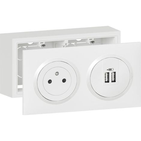 Legrand – Kit prise de courant 2P+T affleurante 16A avec chargeur 2 USB Type A 2,4A – Installation rapide sans outil – Cadre saillie blanc