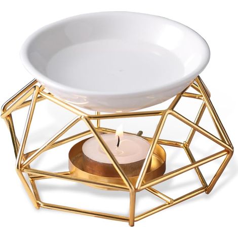 Brûleur à Huile Essentielle en métal avec Bol en céramique, Bruleur Fondant Lampe à Bougie parfumée en métal avec Support Brûleur à Huile géométrique diffuseur d'arômes (1/5)