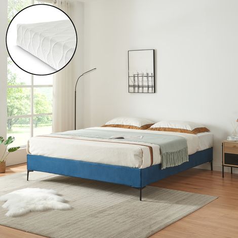Doppelbett Lilla mit Matratze Samt 180x200 cm Blau [en.casa]