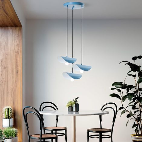 Lustre bleu clair, corps en métal, 50 cm de diamètre, hauteur réglable 75-106 cm, 3 douilles E27, pour les espaces modernes, élégant et fonctionnel (1/5)