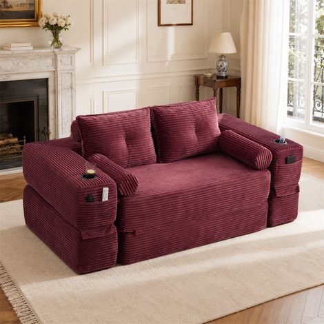 Canapé Convertible 2 Places - 180x98x80cm - Chauffeuse Pliante en Velours Côtelé avec Ressorts, Porte-Gobelet - Rouge Bordeaux (1/5)