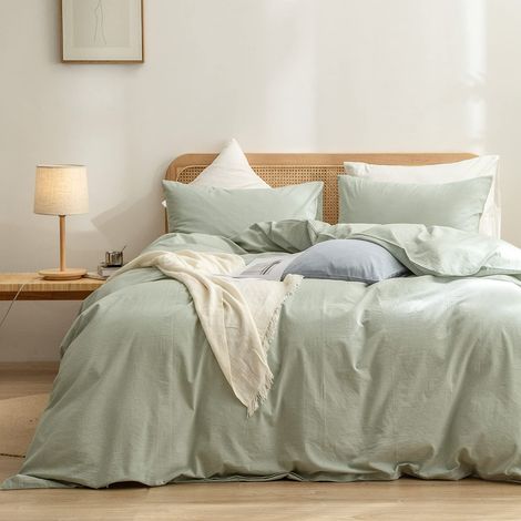 Parure de lit 3 pièces avec Housse de Couette 100% Coton lavé au Toucher Lin, Super Douce, Confortable, Chic et légère, Vert Sauge uni, lit Double/Double (1/5)