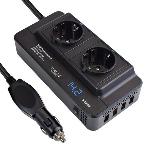 12V/220V/230V/240V 200W Wechselrichter mit Zigarettenanzünderbuchse, PD36W QC3.0 Schnellladefunktion, 2 EU-Steckdosen, 4 USB-Typ-C-Anschlüssen und Digitalanzeige für Auto, Camping, Wohnmobil und Boot (1/5)