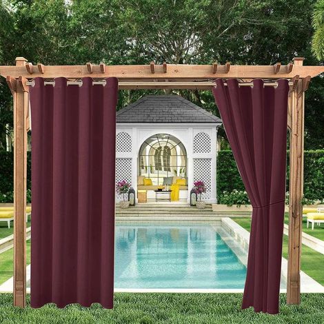 Set of 2 waterproof blackout curtains with thermal insulation and eyelets for indoor or outdoor use, porch, pergola, beach (wine red, 132 x 243 cm) (1/5)