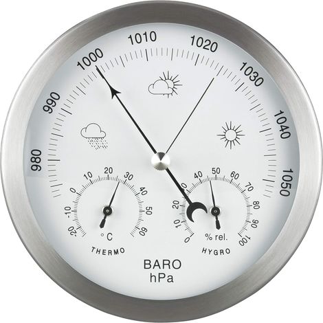 Station météo analogique 3 en 1 en inox Ø14 cm - Baromètre, thermomètre, hygromètre
