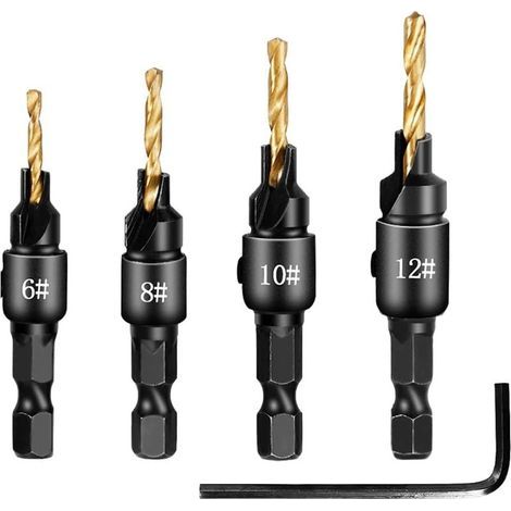 Lot de 4 forets coniques pour le travail du bois avec tige hexagonale de 6,35 mm, 1 clé en L 5681012 (1/5)