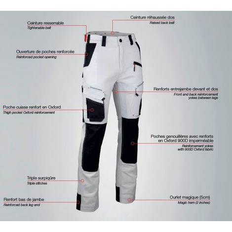 LMA – Pantalon de travail bicolore stretch avec poches genouillères – Imperméable 900D – Taille 44 – Longueur entrejambe 84 cm – Blanc/Gris nuit (1/3)