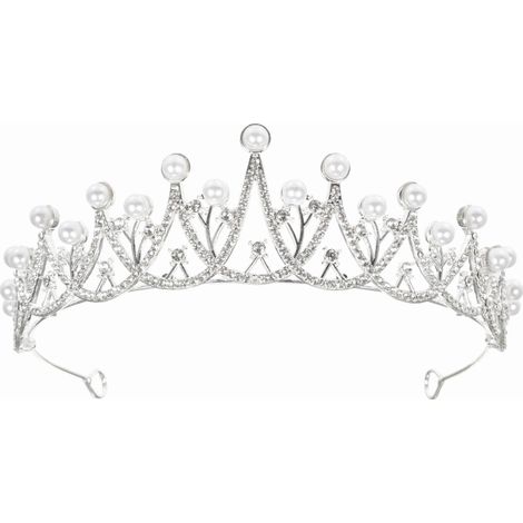 Corona de princesa adornada con pedrería y perlas, un lujoso accesorio para el cabello de mujer, ideal para cumpleaños y bodas. (1/5)