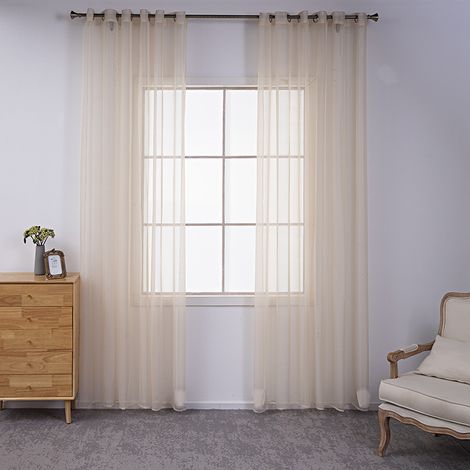 Rideaux en voile transparent de couleur unie, gaze de fenêtre à œillets, rideaux en tulle 140 x 270 cm, beige, 2 panneaux (1/5)