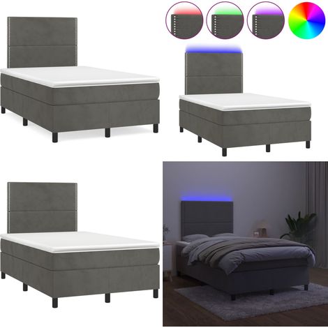 Cama box spring colchón y LED terciopelo gris oscuro 120x190 cm - Colchón con LED - Cama de terciopelo