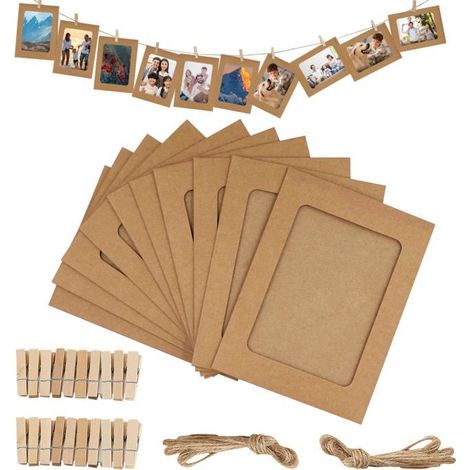 20 cadres photo en papier, cadres en carton 11,5 x 15,5 cm, fournis avec 20 mini pinces en bois et des ficelles en chanvre. (1/5)