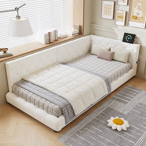 Day bed, 3ft single bed 90x190cm, With side rails on the bed, With two comfortable headboards, Boucle + Plywood, Beige