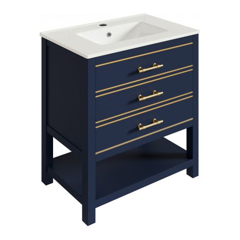 Meuble salle de bain 76 cm noir bleu monobloc 2 tiroirs vasque doré