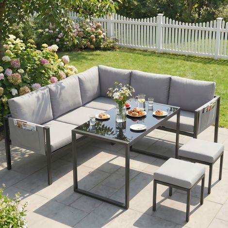 Canapé d'angle jardin 6 pièces avec coussins 10 cm, table haute et 2 repose-pieds, gris (1/5)
