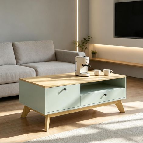 Table basse rectangulaire 100x50x40 cm en MDF vert clair, avec rangement pour salon FloraGrace (1/5)