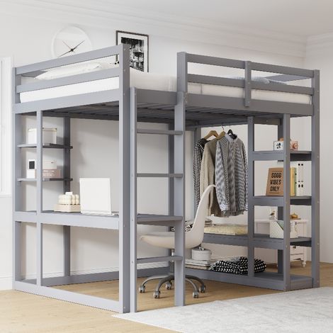 Hochbett 140x200 cm aus Massivholz mit Schreibtisch und Stauraum, Jugendbett mit integriertem Regal und Kleiderstange, Grau/Weiß (1/5)