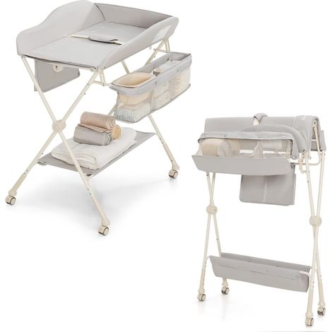 COSTWAY Cambiador de Pañales Plegable para Niños, Cubículo Cambio Pañales con Almacenaje, Ruedas Extraíbles y Bloqueables, Cinturón de Seguridad, Organizador Móvil para Bebé y Niño (Gris)