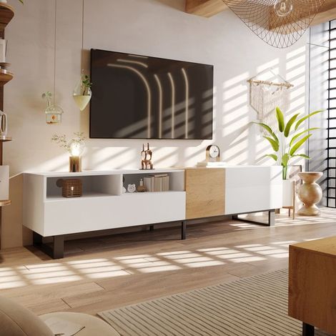 Mobile TV moderno, con scomparti aperti, 2 cassetti e 2 porte, aspetto legno e bianco, design minimalista, 180 x 38 x 50 cm