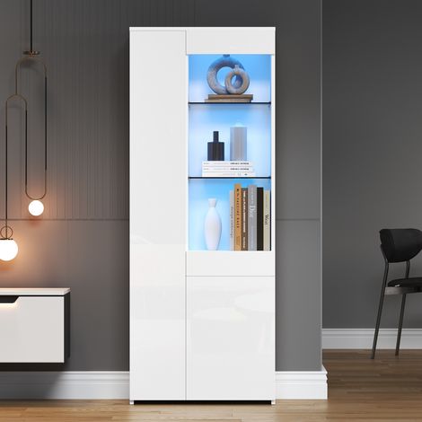 Vitrine 70x35x180 cm weiß aus Spanplatte und gehärtetem Glas mit LED-Beleuchtung und Schublade (1/5)