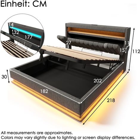 Lit double 180x200 cm gris sans matelas. Tête de lit avec rangement,ports USB-C,éclairage LED,structure hydraulique. (1/5)