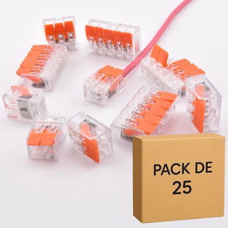 Alternative WAGO 221 – Pack 25 bornes à levier transparentes – 2, 3 et 5 contacts – PCT-412 / 413 / 415 – 32A