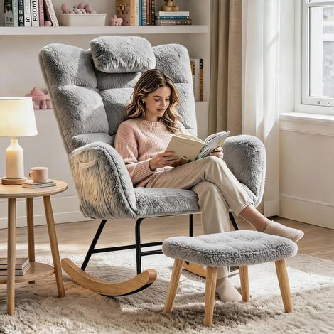 IDEALHOUSE Fauteuil à bascule ergonomique à dossier haut avec repose-pieds, rembourré, structure acier et pieds bois - Light Gray (1/5)