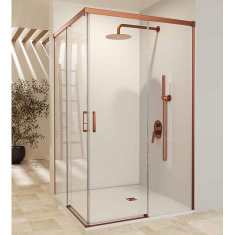 Mampara Ducha Rectangular 2 Fijos + 2 Puertas Corredera  Vidrio 6mm Antical  Perfil Oro Rosa Cepillado 110cm (adaptable 107,50-110) x 90cm (1/4)