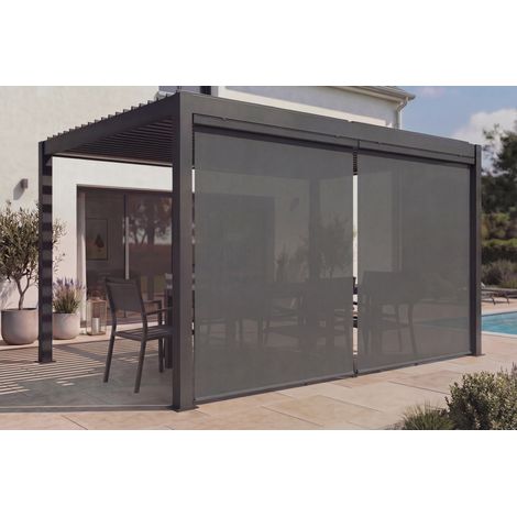 Pérgola bioclimática motorizada independiente AGOSTA de 4x3 m en aluminio gris con persianas retráctiles en el lado de 4 m. (1/5)