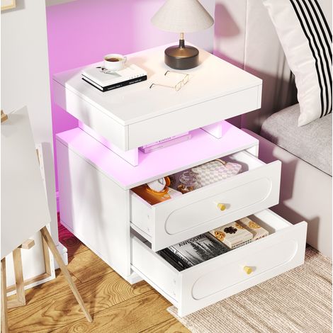 Table de chevet 50x40x60 cm en panneaux de particules blancs avec éclairage LED, 2 tiroirs - CHICFURN (1/5)