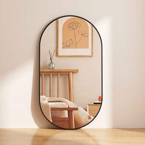 Wandspiegel oval 75 x 50 cm für badezimmer und schminktisch aus gehärtetem glas mit modernem aluminiumrahmen - Schwarz