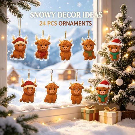 Calendrier de l'Avent 2026 sur le thème des vaches des Highlands écossaises, 24 décorations suspendues en acrylique 2D, adorables ornements d'animaux pour sapin de Noël, parfaits pour décorer les fête (1/5)