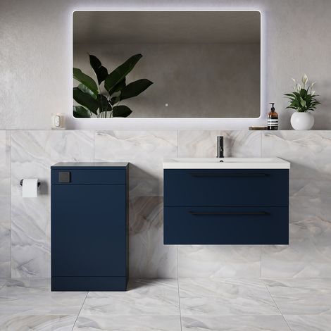 Napoli 390 Deep Blue 1300mm Wall Mounted 2 Drawer Vanity Unit and Toilet Suite with Glide Basin - 1300mm - Matt Black 480mm HandleWithout Kingston Toilet Pan