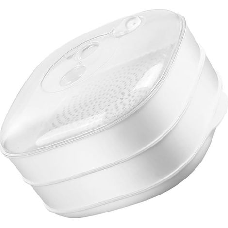 Cuiseur vapeur à deux étages en plastique blanc pour micro-ondes, avec couvercle, idéal pour la cuisson du riz et des raviolis. (1/5)