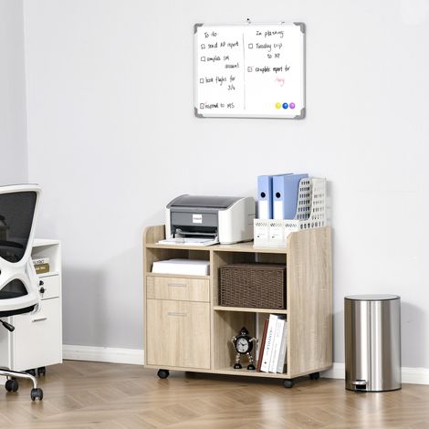 Mobile per stampante con 3 scomparti, 2 cassetti per documenti, ripiano regolabile, ruote, 80x40x72 cm, rovere (1/5)