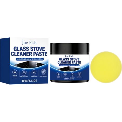 Pâte nettoyante pour plaques vitrocéramiques JUE FISH : dissout la graisse, élimine les taches tenaces et laisse une finition brillante. 100 g x 1, avec 1 éponge.
