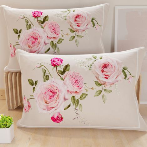 Lot de 2 Taies d'Oreillers 50x70 cm 100% Microfibre Hypoallergénique, Housse Oreiller Rectangulaire Motif Floral Rose, Paquet de 2