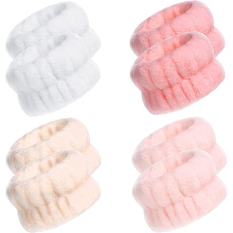 4 Paires Bandeaux de Poignet de Spa Bracelet de Lavage de Visage Bracelet de Maquillage Absorbant Bracelet de Serviette en Microfibre pour Femme Toilette (Rose, Blanc, Style Classique) (1/5)